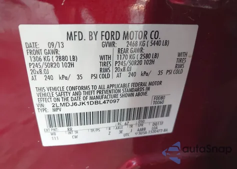 2013 Lincoln Mkx from USA, damaged, VIN 2LMDJ6JK1DBL47097